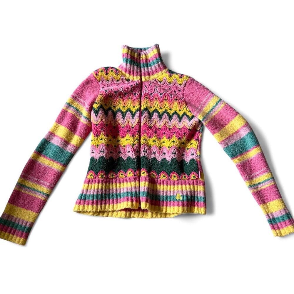 Lulu Castagnette Vintage Italian Mohair Blend Zip Up Sweater Pink Yellow Small